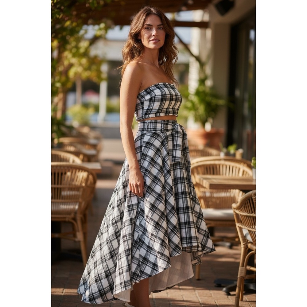 Free People Womens Black White Plaid 2 Piece Set Skirt Tube Top Tie Waist Size S